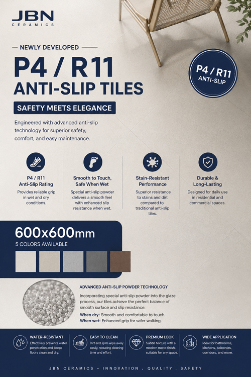 JBN Ceramics presenta las revolucionarias losetas antideslizantes P4/R11: la combinación perfecta de tacto suave y seguridad